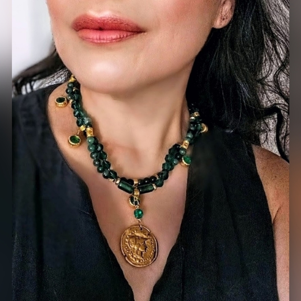 12 Carats Natural Emerald Stones Wrapped Necklace & Earrings W/ Athena Pendant
